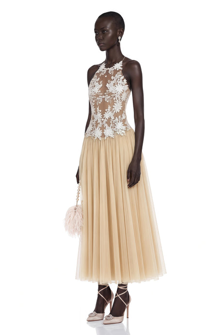 Priscilla Maxi Dress Neutral Floral Embroidered Pleated
