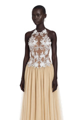 Ruqayya Neutral Floral Embroidered Pleated Maxi Dress