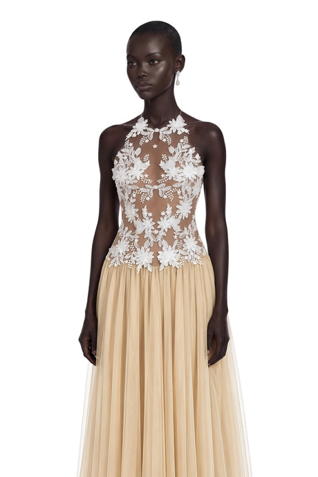 Priscilla Maxi Dress Neutral Floral Embroidered Pleated