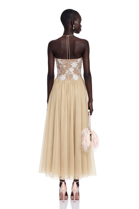 Priscilla Maxi Dress Neutral Floral Embroidered Pleated