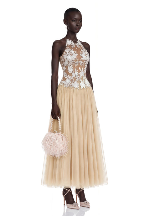 Priscilla Maxi Dress Neutral Floral Embroidered Pleated