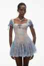 Ruslana Dusty Blue Ruched Lace Mini Dress