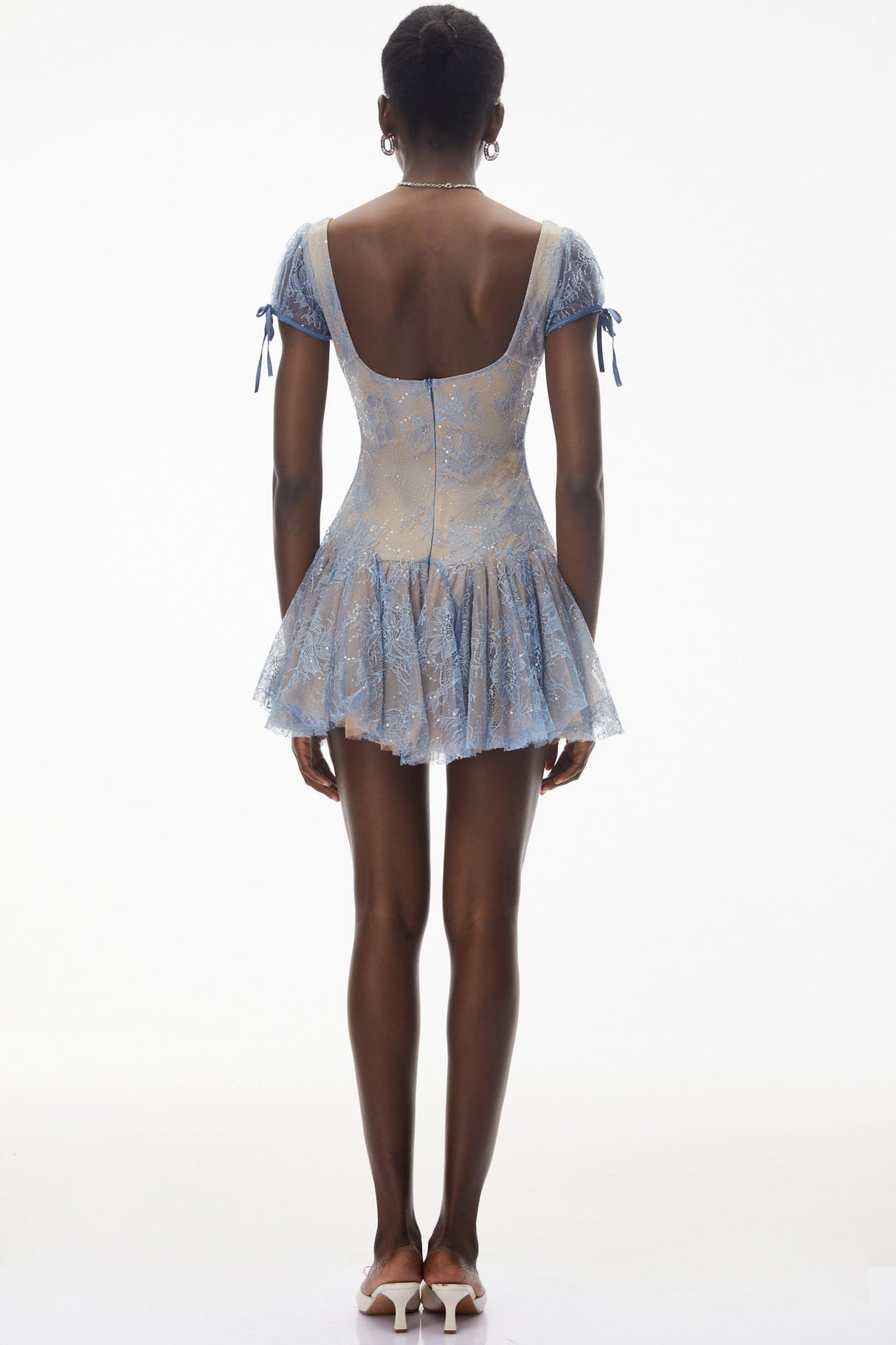 Ruslana Dusty Blue Ruched Lace Mini Dress