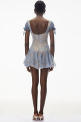 Ruslana Dusty Blue Ruched Lace Mini Dress