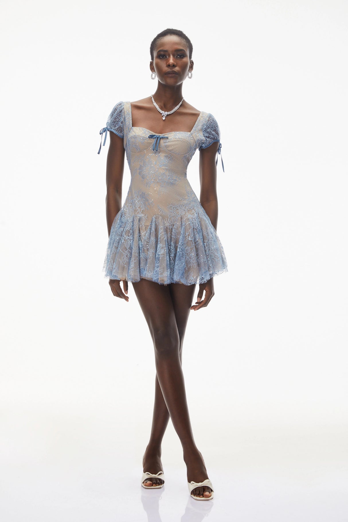 Ruslana Dusty Blue Ruched Lace Mini Dress