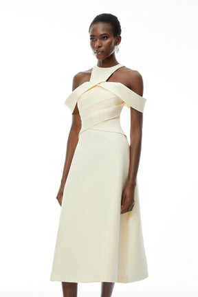 Saara Neutral Cold Shoulder Ruched Midi Dress