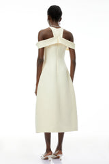 Saara Neutral Cold Shoulder Ruched Midi Dress