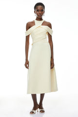 Saara Neutral Cold Shoulder Ruched Midi Dress