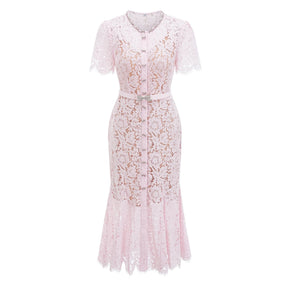 Sabine Pink Floral Lace Mermaid Midi Dress