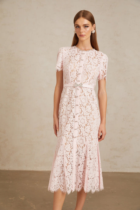 Cinzietta Midi Dress Pink Floral Lace Mermaid