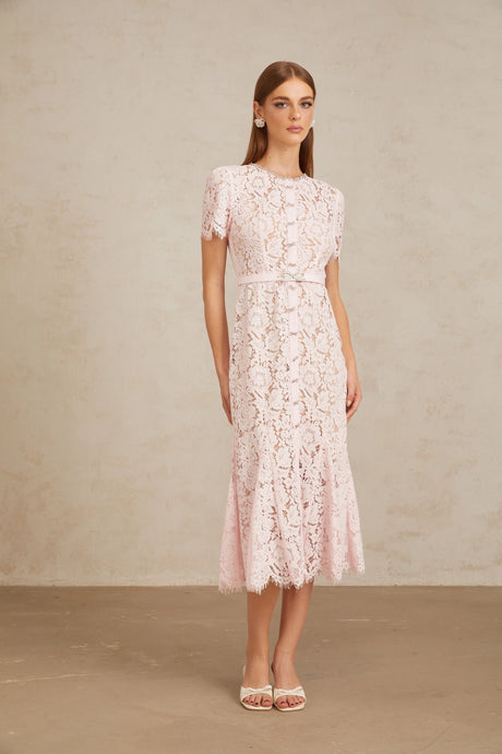 Cinzietta Midi Dress Pink Floral Lace Mermaid