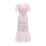 Sabine Pink Floral Lace Mermaid Midi Dress