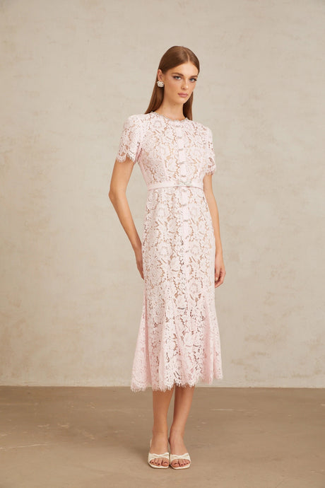 Cinzietta Midi Dress Pink Floral Lace Mermaid