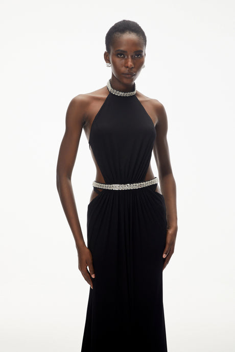 Olivia Maxi Dress Black Open Back with Crystals