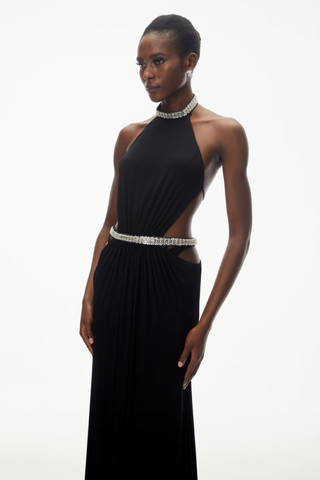 Olivia Maxi Dress Black Open Back with Crystals