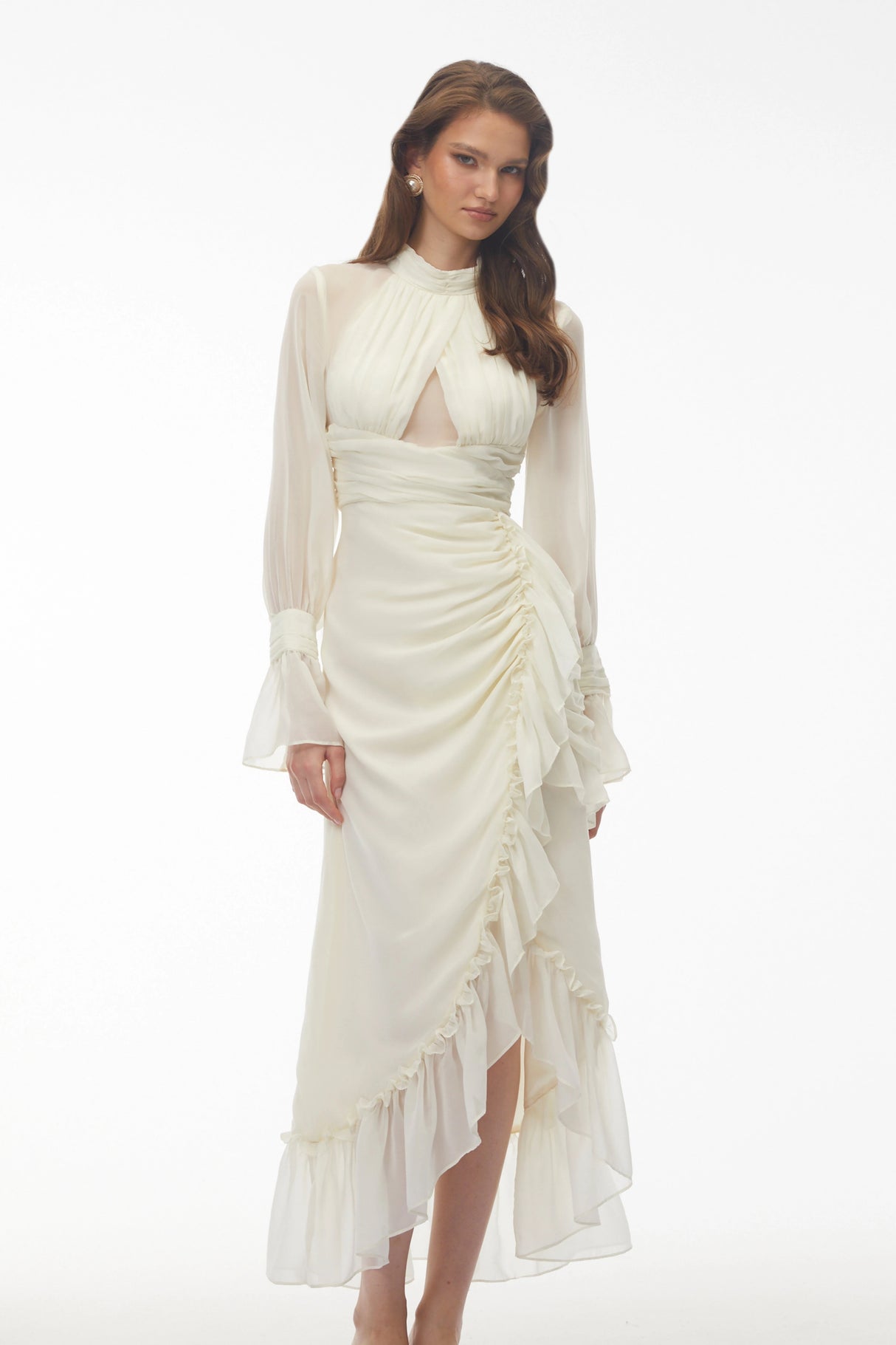 Sabrina Ivory Long Sleeve Asymmetrical Ruched Midi Dress