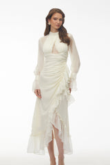 Sabrina Ivory Long Sleeve Asymmetrical Ruched Midi Dress