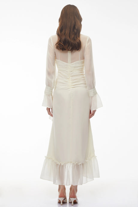 Cristiana Midi Dress Ivory Long Sleeve Asymmetrical Ruched