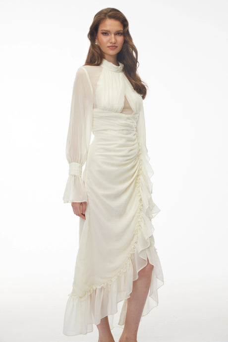 Cristiana Midi Dress Ivory Long Sleeve Asymmetrical Ruched