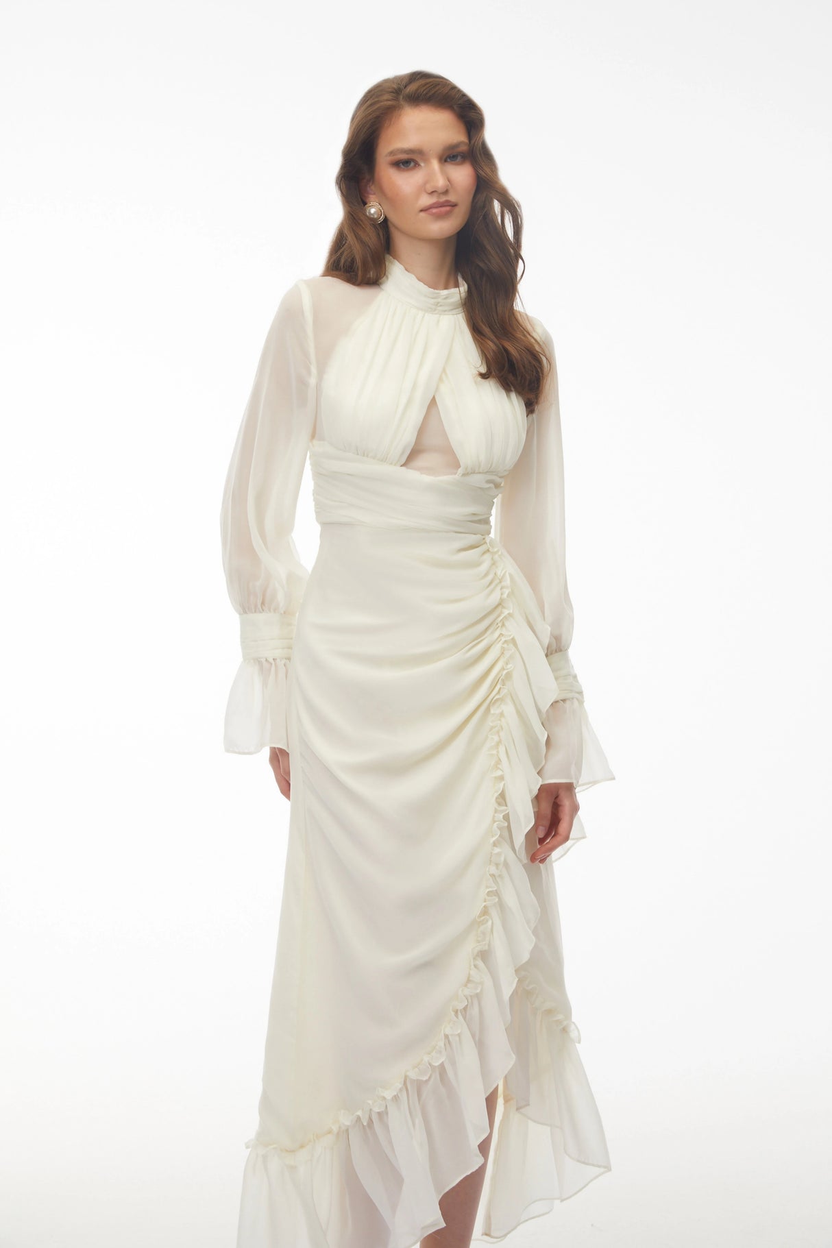 Sabrina Ivory Long Sleeve Asymmetrical Ruched Midi Dress