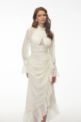 Sabrina Ivory Long Sleeve Asymmetrical Ruched Midi Dress