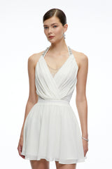 Sabrina Neutral Embellished Halterneck Draped Mini Dress