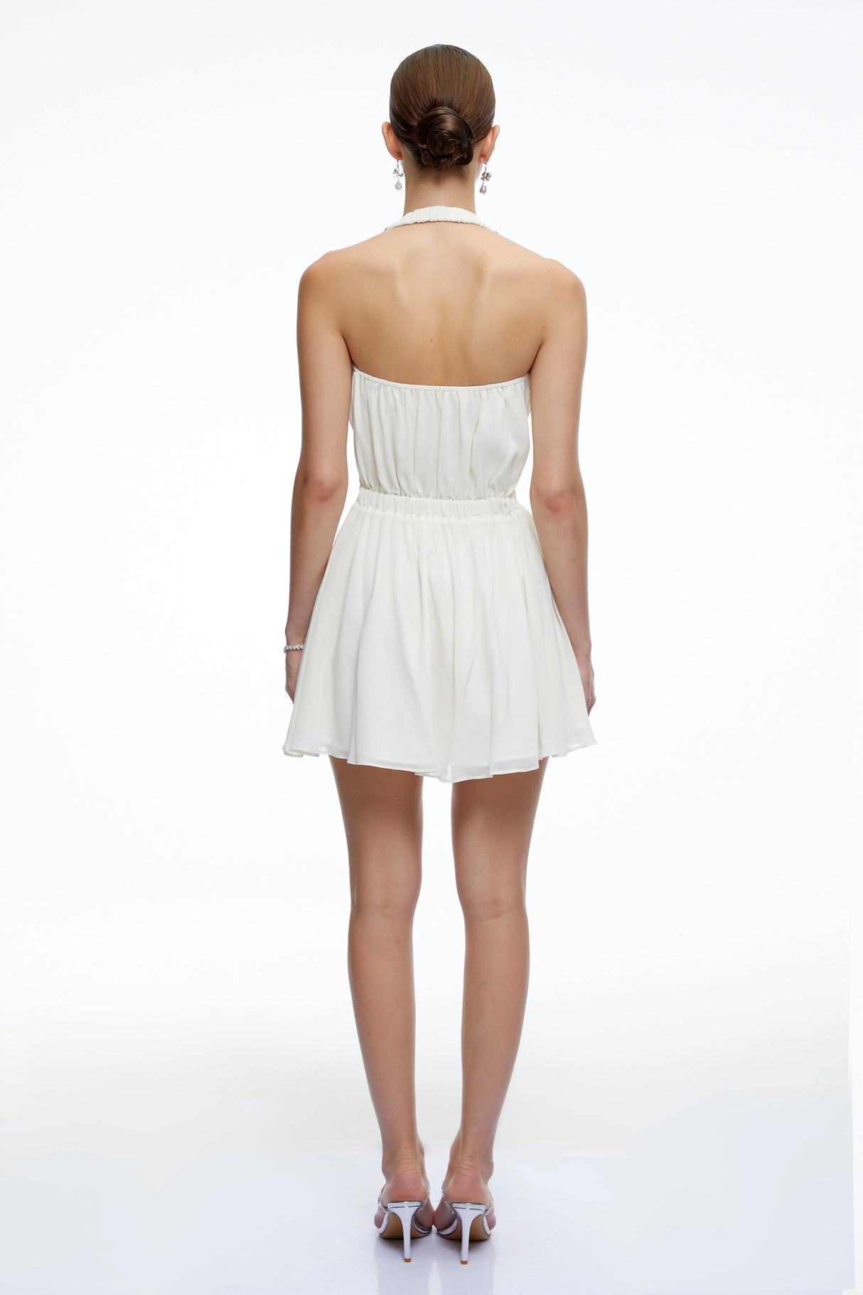 Sabrina Neutral Embellished Halterneck Draped Mini Dress