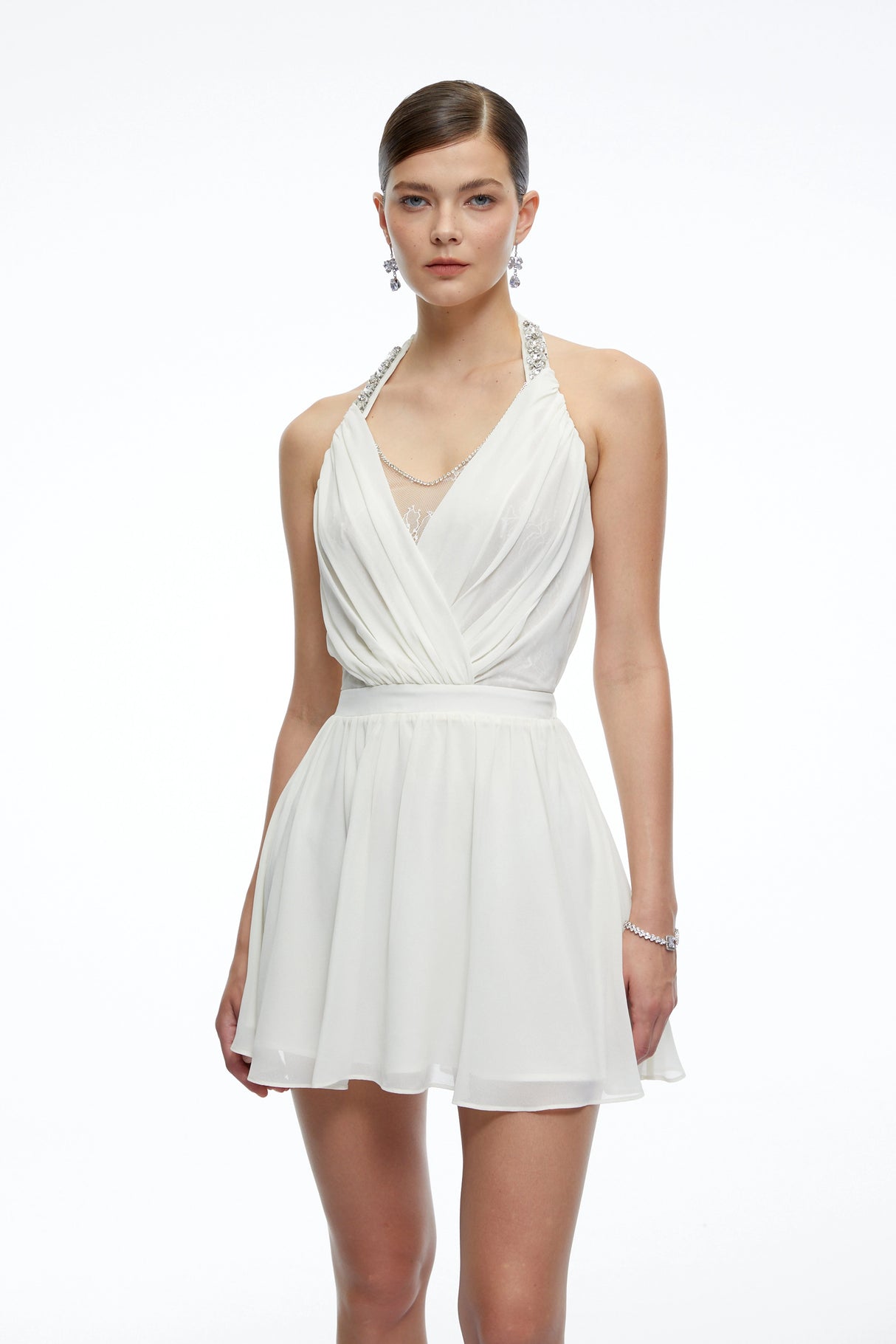 Sabrina Neutral Embellished Halterneck Draped Mini Dress