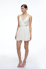 Sabrina Neutral Embellished Halterneck Draped Mini Dress