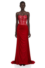 Sabrina Red Off Shoulder Ruched Maxi Dress with Lace Panels