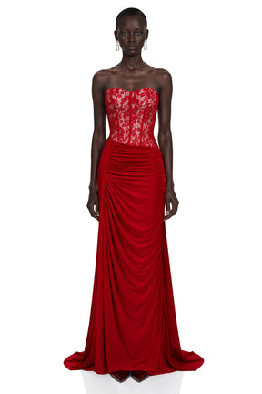 Sabrina Red Off Shoulder Ruched Maxi Dress with Lace Panels