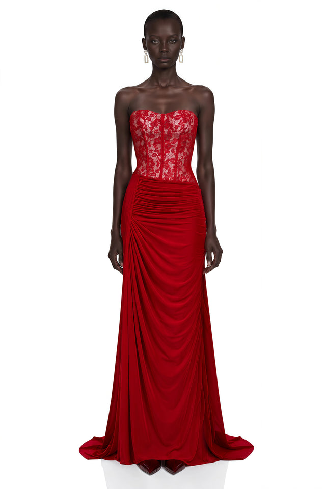 Sabrina Red Off Shoulder Ruched Maxi Dress with Lace Panels