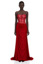 Sabrina Red Off Shoulder Ruched Maxi Dress with Lace Panels
