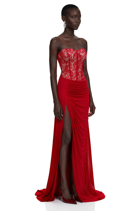 Scarlett Maxi Dress Red Off Shoulder Ruched with Lace Panels