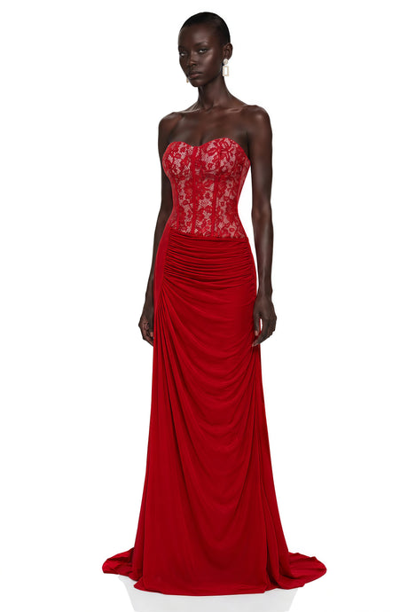 Scarlett Maxi Dress Red Off Shoulder Ruched with Lace Panels