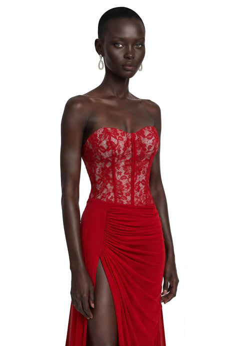 Scarlett Maxi Dress Red Off Shoulder Ruched with Lace Panels