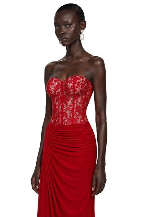 Scarlett Maxi Dress Red Off Shoulder Ruched with Lace Panels