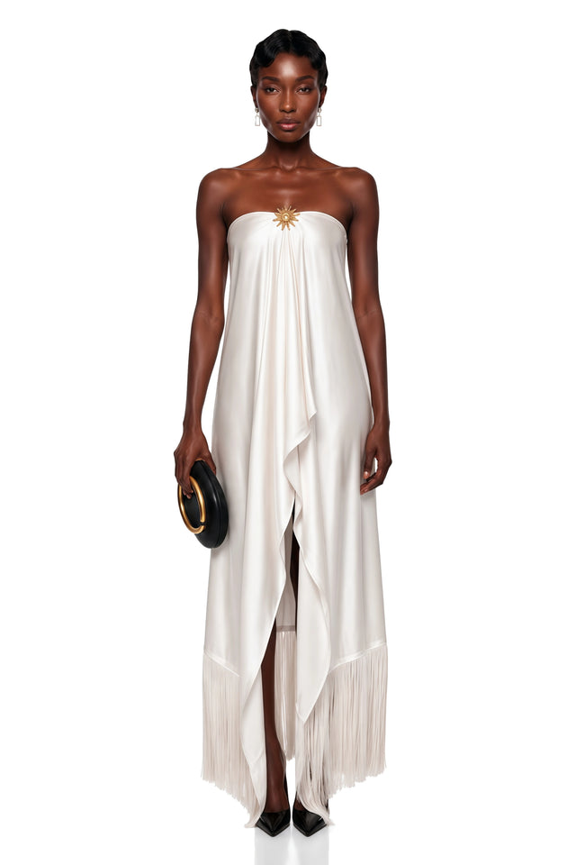 Saffron White Asymmetrical Tassel Maxi Dress