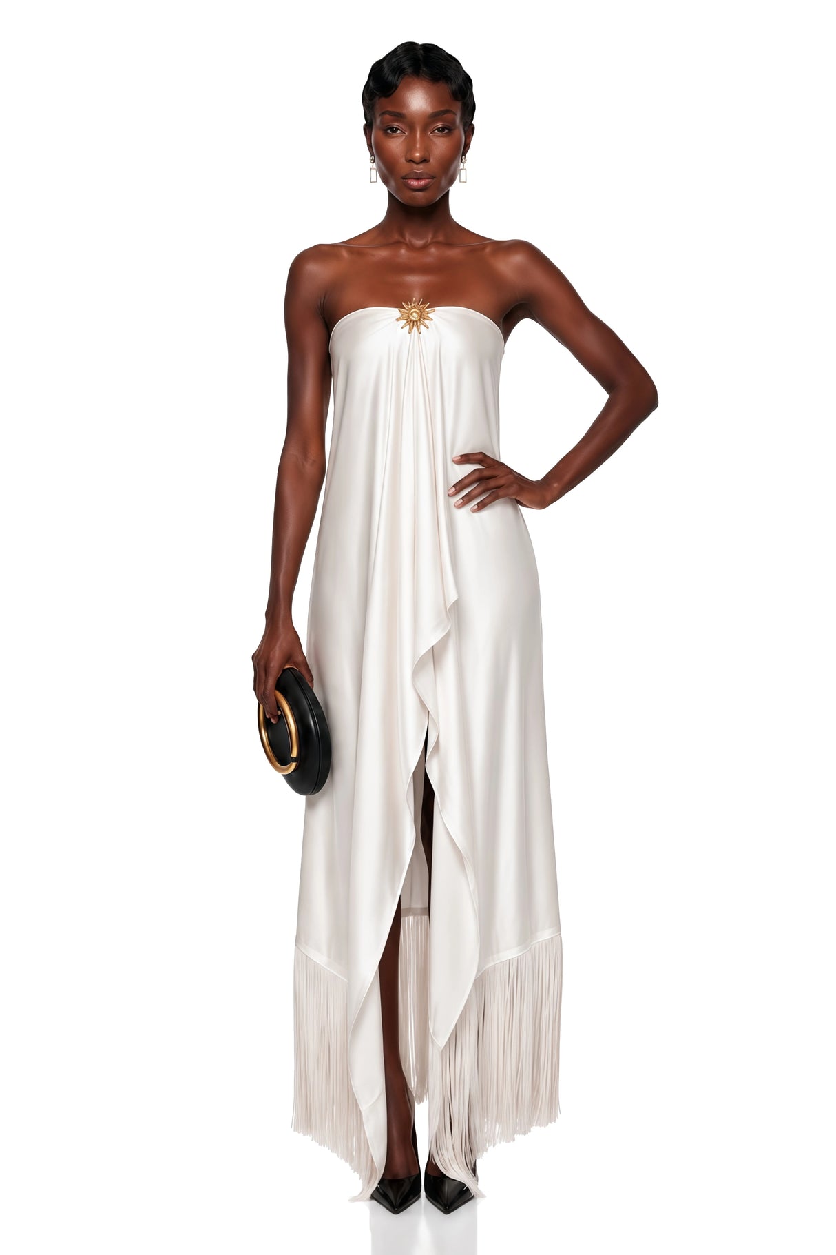 Saffron White Asymmetrical Tassel Maxi Dress