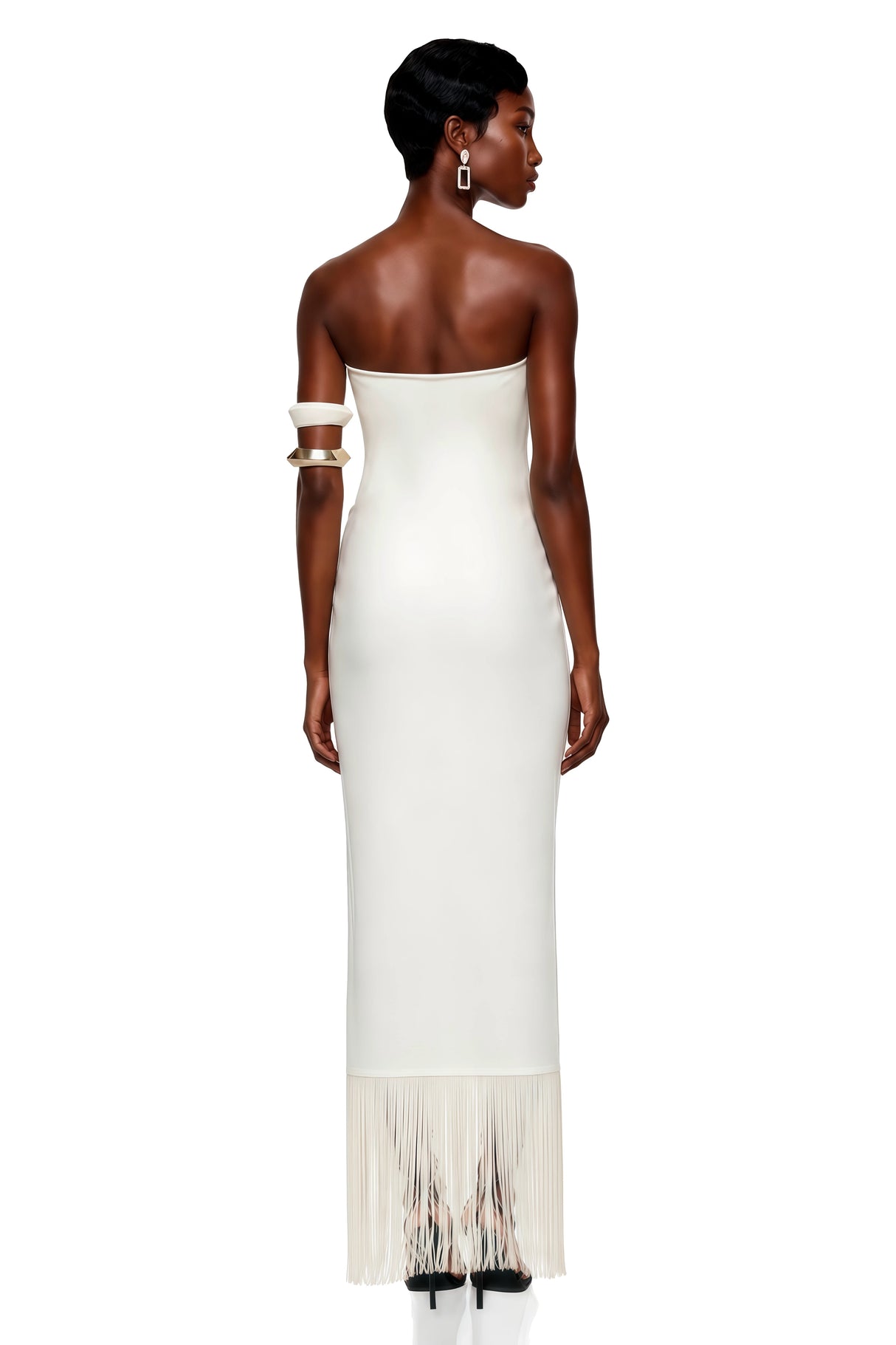 Saffron White Asymmetrical Tassel Maxi Dress