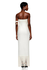 Saffron White Asymmetrical Tassel Maxi Dress