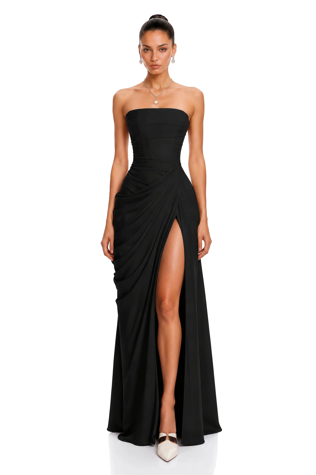 Safiya Black Ruched Maxi Dress with Cross Front