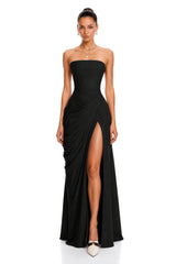 Safiya Black Ruched Maxi Dress with Cross Front