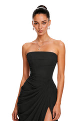 Safiya Black Ruched Maxi Dress with Cross Front