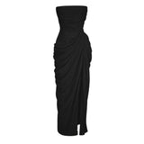 Safiya Black Ruched Maxi Dress with Cross Front