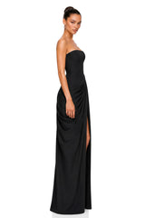 Safiya Black Ruched Maxi Dress with Cross Front