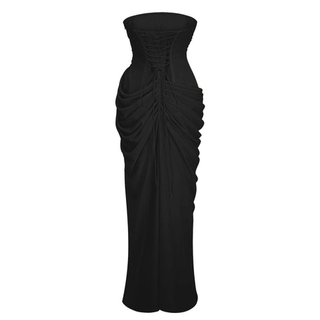 Jamie Maxi Dress Black Ruched with Cross Front