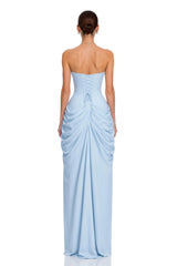 Safiya Blue Ruched Maxi Dress with Cross Front