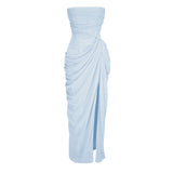 Safiya Blue Ruched Maxi Dress with Cross Front