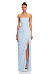 Safiya Blue Ruched Maxi Dress with Cross Front